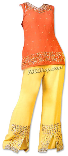  Orange/Yellow Georgette Trouser Suit | Pakistani Dresses in USA- Image 1