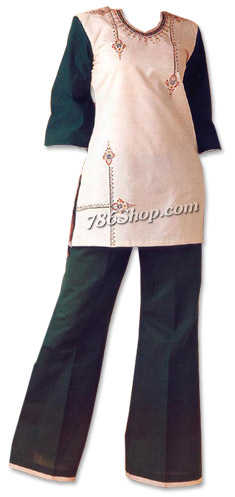  Off-white/Green Georgette Trouser Suit | Pakistani Dresses in USA- Image 1