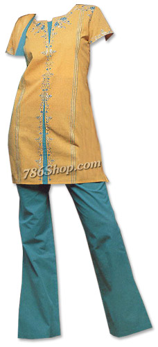  Mustard/Turquoise Georgette Trouser Suit | Pakistani Dresses in USA- Image 1