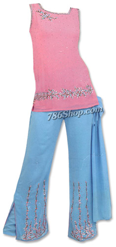  Pink/Sky Blue Chiffon Trouser Suit | Pakistani Dresses in USA- Image 1