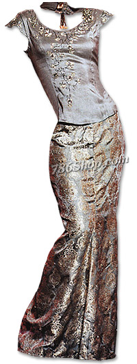  Grey Katan Silk/Jamawar Lehnga | Pakistani Wedding Dresses USA- Image 1