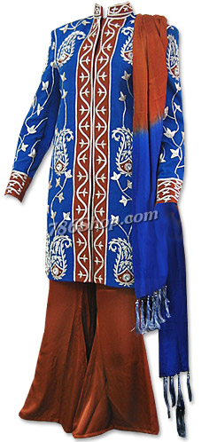  Royal Blue/Brown Sherwani Suit | Pakistani Wedding Dresses- Image 1