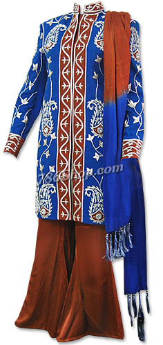  Royal Blue/Brown Sherwani Suit | Pakistani Wedding Dresses USA- Image 1
