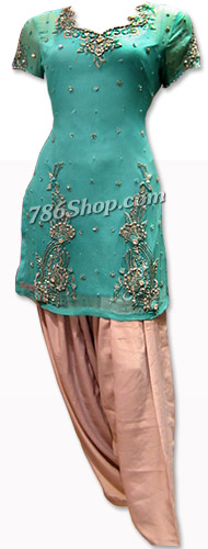  Sea Green/Peach Crinkle Chiffon Suit | Pakistani Dresses in USA- Image 1