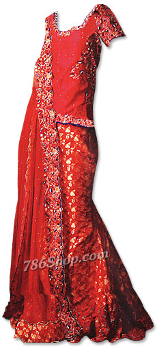  Red Silk/Jamawar Zarri Lehnga | Pakistani Wedding Dresses USA- Image 1