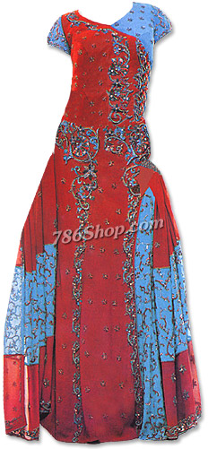  Maroon/Turquoise Katan Silk Lehnga  | Pakistani Wedding Dresses USA- Image 1