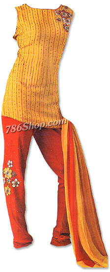  Mustard/Red Georgette Trouser Suit | Pakistani Dresses in USA- Image 1