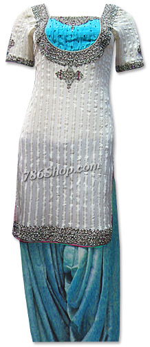  Off-white/Turquoise Silk Suit | Pakistani Dresses in USA- Image 1