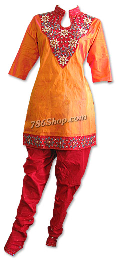  Orange/Red Silk Suit  | Pakistani Dresses in USA- Image 1