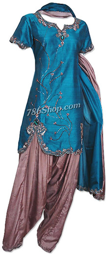  Turquoise/Brown Silk Suit | Pakistani Dresses in USA- Image 1