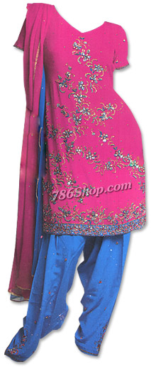  Hot Pink/Blue Chiffon Suit | Pakistani Dresses in USA- Image 1
