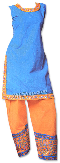  Blue/Orange Cotton Suit | Pakistani Dresses in USA- Image 1