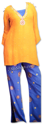  Orange/Blue Georgette Trouser Suit | Pakistani Dresses in USA- Image 1