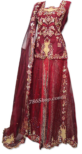  Maroon Katan Silk/Jamawar Lehnga | Pakistani Wedding Dresses USA- Image 1