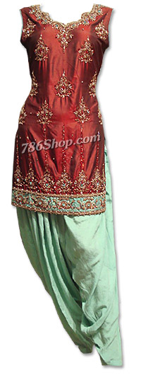  Maroon/Turquoise Pure Silk Suit | Pakistani Dresses in USA- Image 1