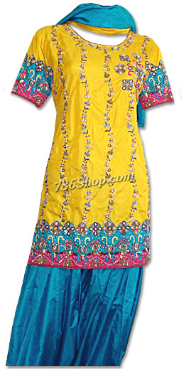  Yellow/Turquoise Silk Suit | Pakistani Dresses in USA- Image 1