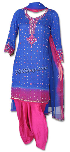  Royal Blue/Hot Pink Chiffon Suit | Pakistani Dresses in USA- Image 1