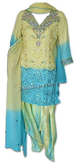  Yellow/ Turquoise Chiffon Suit | Pakistani Dresses in USA- Image 1