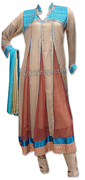  Beige/Brown Chiffon Suit  | Pakistani Dresses in USA- Image 1