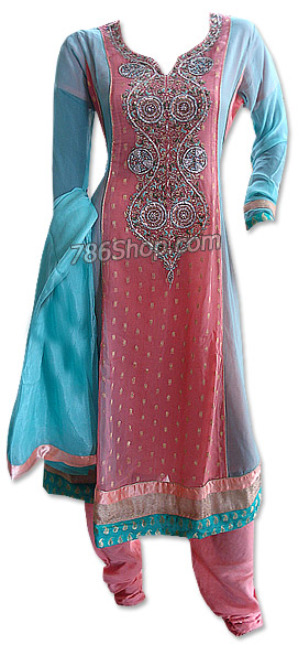  Tea Pink/Turquoise Chiffon Suit | Pakistani Dresses in USA- Image 1