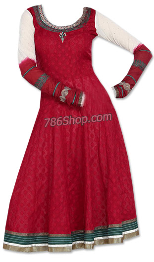  Red/Off-white Jamawar Suit | Pakistani Dresses in USA- Image 1