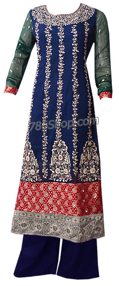  Navy Blue/Dark Green Crinkle Chiffon Suit  | Pakistani Dresses in USA- Image 1