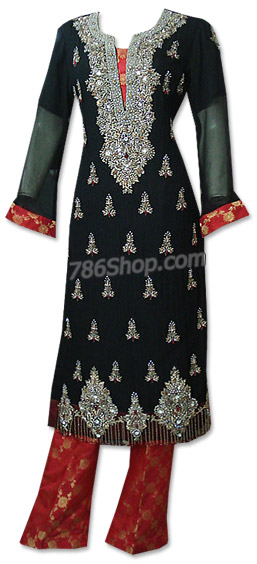  Black/Red Crinkle Chiffon Suit | Pakistani Dresses in USA- Image 1