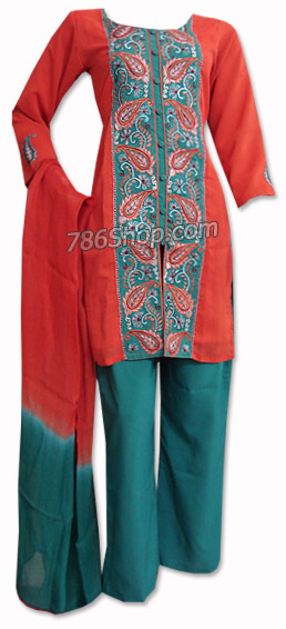  Orange/Green Georgette Trouser Suit  | Pakistani Dresses in USA- Image 1