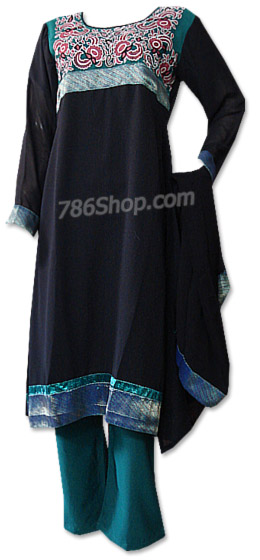  Black/Sea Green Chiffon Suit | Pakistani Dresses in USA- Image 1