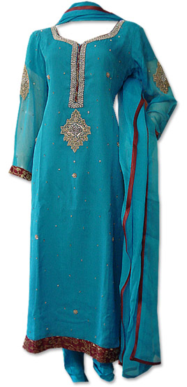 Turquoise Crinkle Chiffon Suit  | Pakistani Dresses in USA