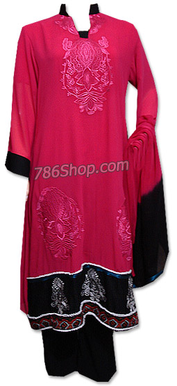  Hot Pink/Black Chiffon Suit  | Pakistani Dresses in USA- Image 1