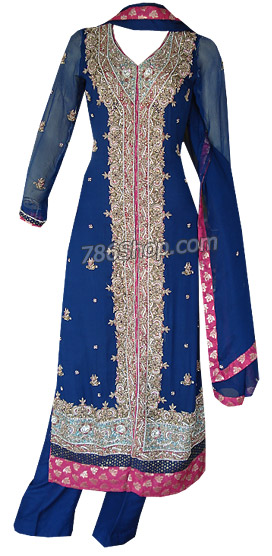  Blue Crinkle Chiffon Suit | Pakistani Dresses in USA- Image 1