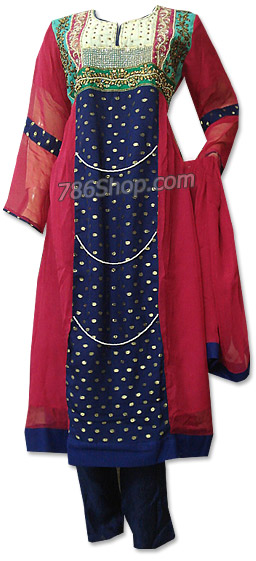  Hot Pink/Navy Blue Chiffon Suit   | Pakistani Dresses in USA- Image 1