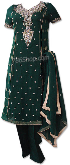  Dark Green Crinkle Chiffon Suit   | Pakistani Dresses in USA- Image 1