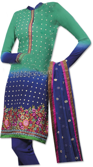  Sea Green/Blue Chiffon Suit  | Pakistani Dresses in USA- Image 1