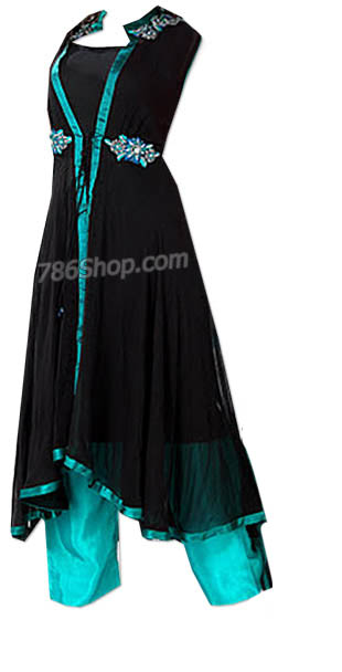  Black/Turquoise Chiffon Suit  | Pakistani Dresses in USA- Image 1