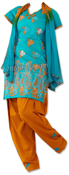  Turquoise/Orange Georgette Suit   | Pakistani Dresses in USA- Image 1