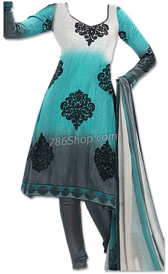  Light Turquoise/Grey Chiffon Suit | Pakistani Dresses in USA- Image 1