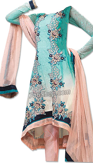  Turquoise/Peach Chiffon Suit  | Pakistani Dresses in USA- Image 1