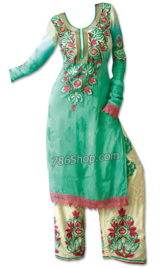  Green/Cream Jamawar Suit   | Pakistani Dresses in USA- Image 1