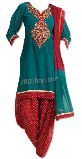  Turquoise/Red Georgette Suit  | Pakistani Dresses in USA- Image 1