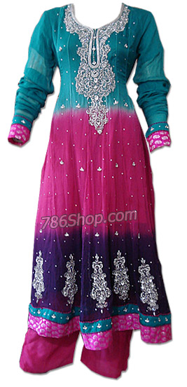  Teal/Hot Pink Chiffon Suit | Pakistani Dresses in USA- Image 1