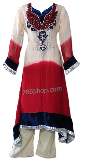  Ivory/Red Chiffon Suit   | Pakistani Dresses in USA- Image 1