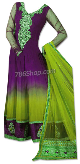  Parrot Green/Indigo Chiffon Suit | Pakistani Dresses in USA- Image 1
