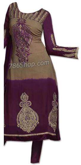  Beige/Indigo Chiffon Suit | Pakistani Dresses in USA- Image 1