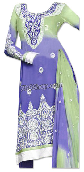  Blueberry/Light Green Chiffon Suit  | Pakistani Dresses in USA- Image 1