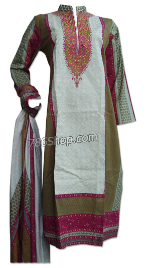  Off-White/Mehendi Cotton Suit  | Pakistani Dresses in USA- Image 1