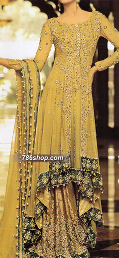  Golden Chiffon Suit | Pakistani Party Wear Dresses- Image 1