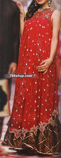  Red Jamawar Chiffon Suit | Pakistani Party Wear Dresses- Image 1