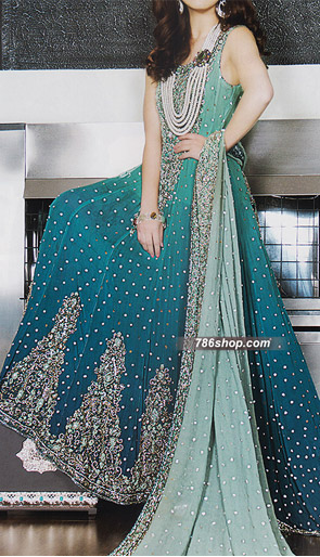  Teal Green Chiffon Suit | Pakistani Party Wear Dresses- Image 1